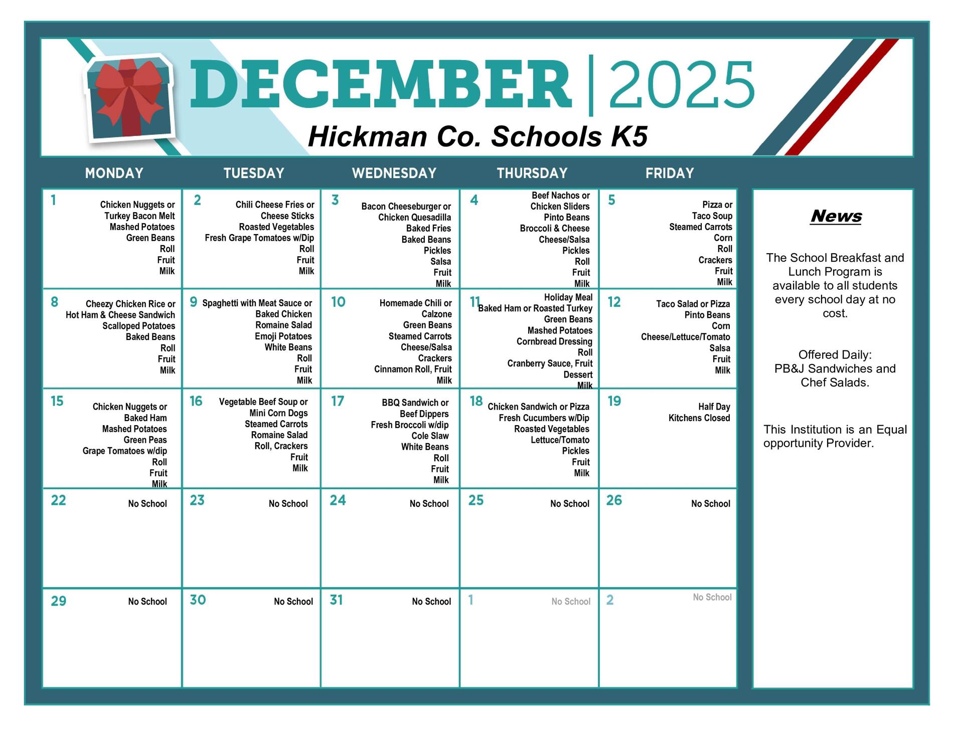 December Lunch Schedule