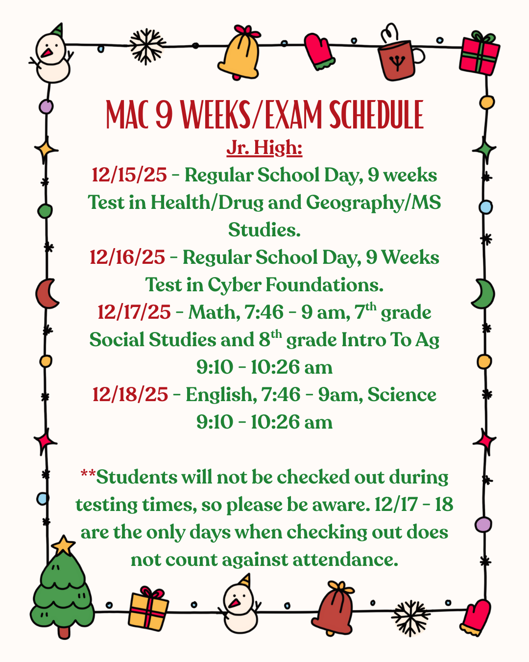 Jr. High Exam Schedule