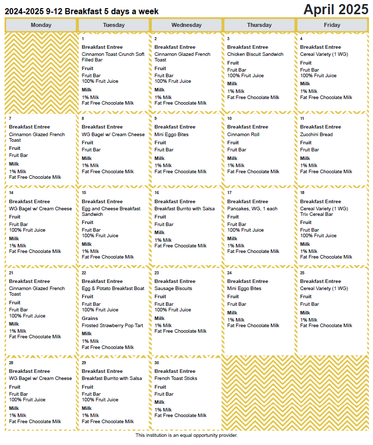 April breakfast menu April breakfast menu