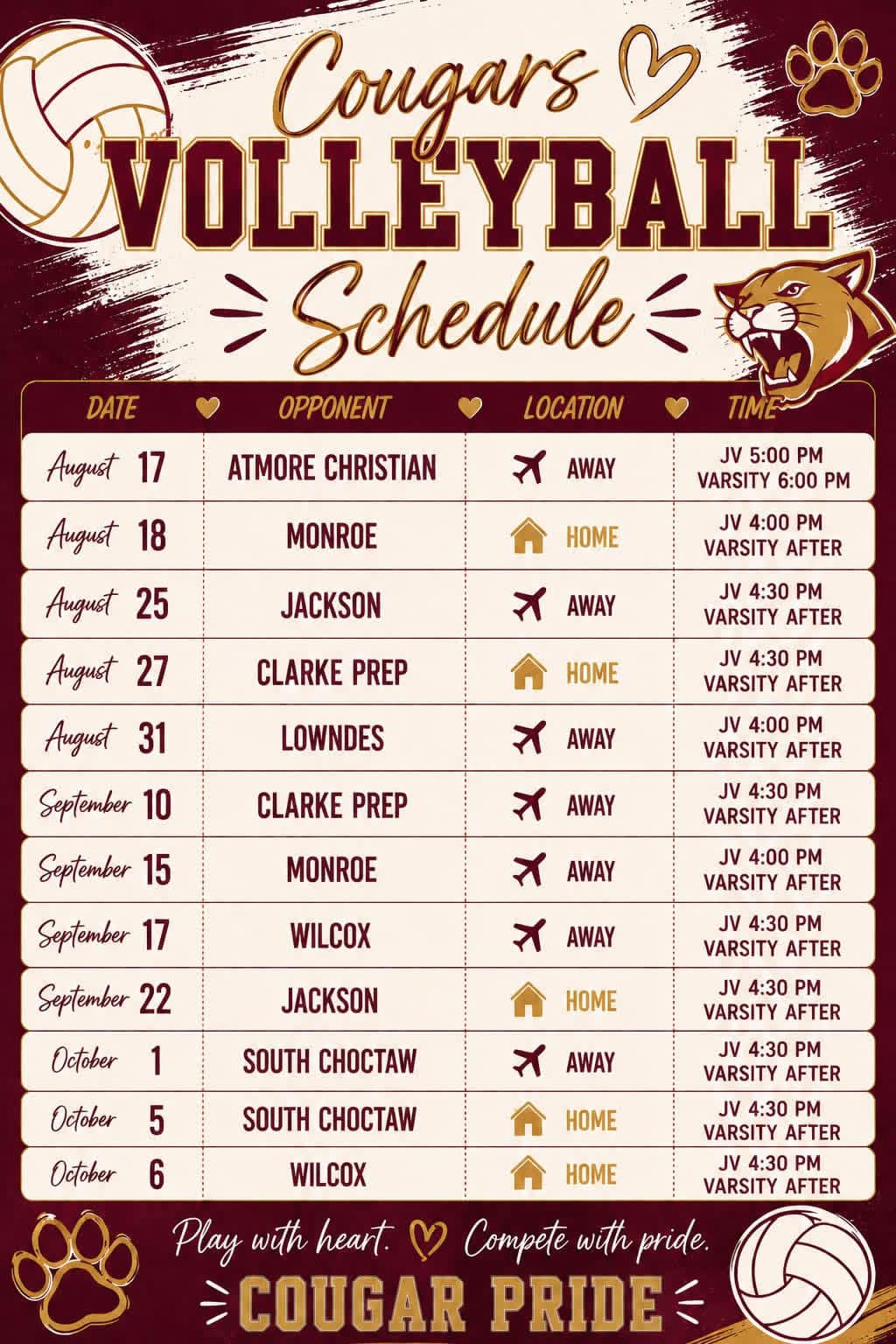 2026-2027 Volleyball Schedule