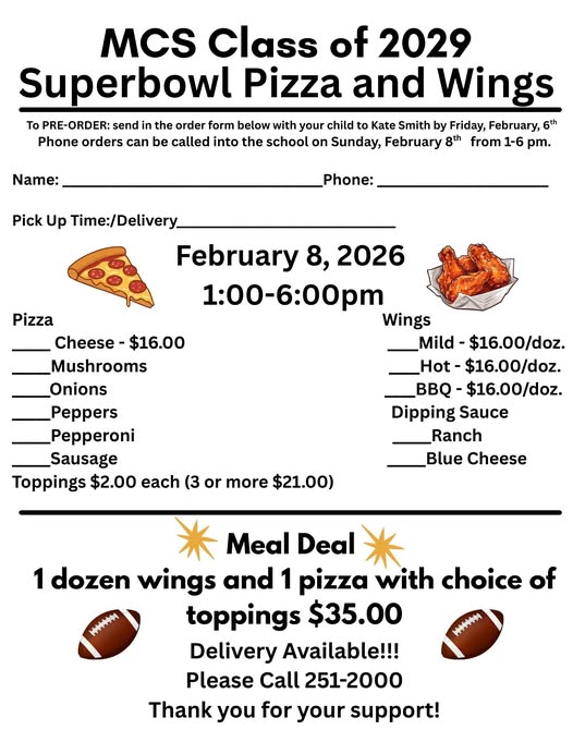 Class of 2029 Pizza and Wings Flyer Call 58 25 2000 for more information