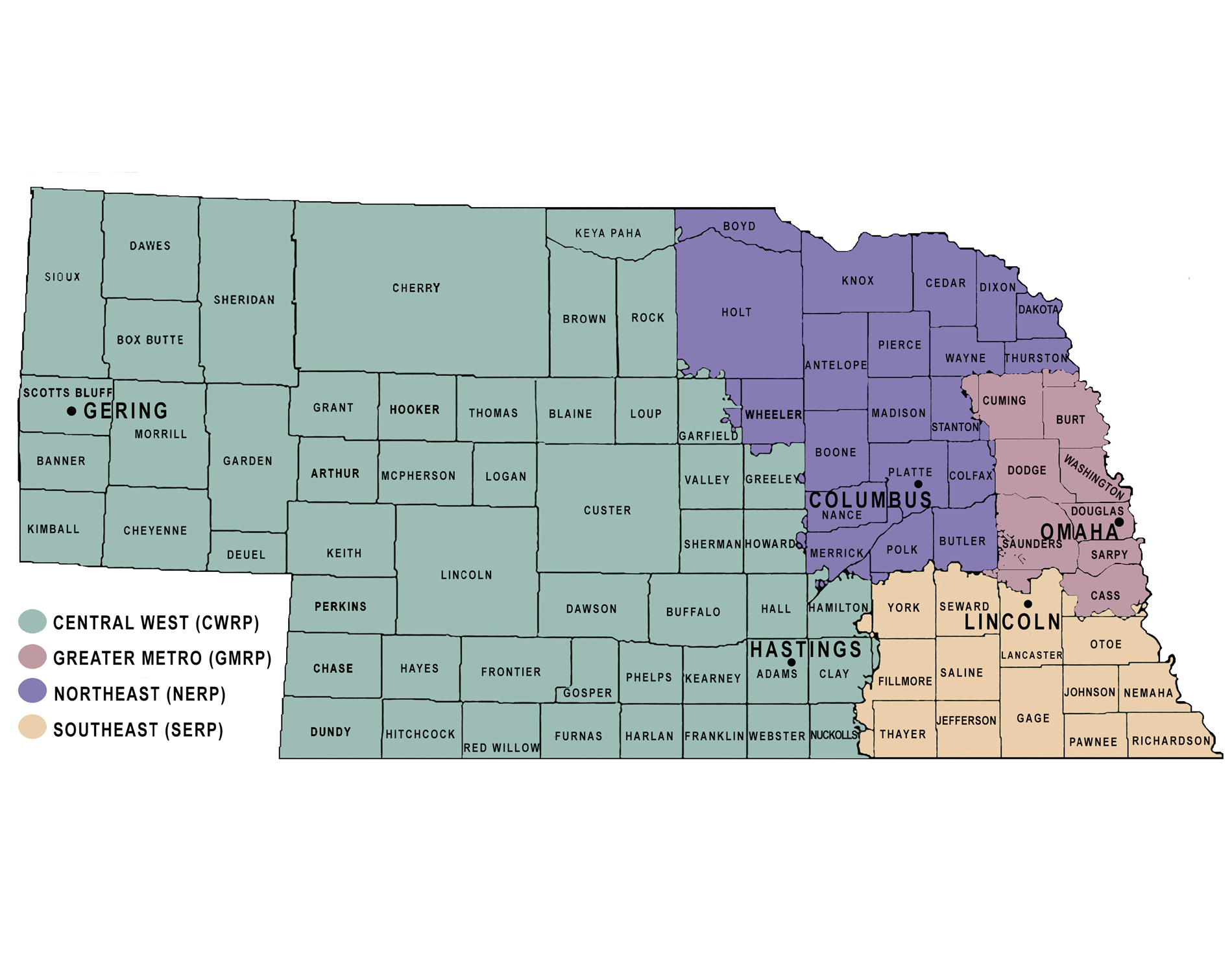Nebraska Map with colors to show the regions/towns