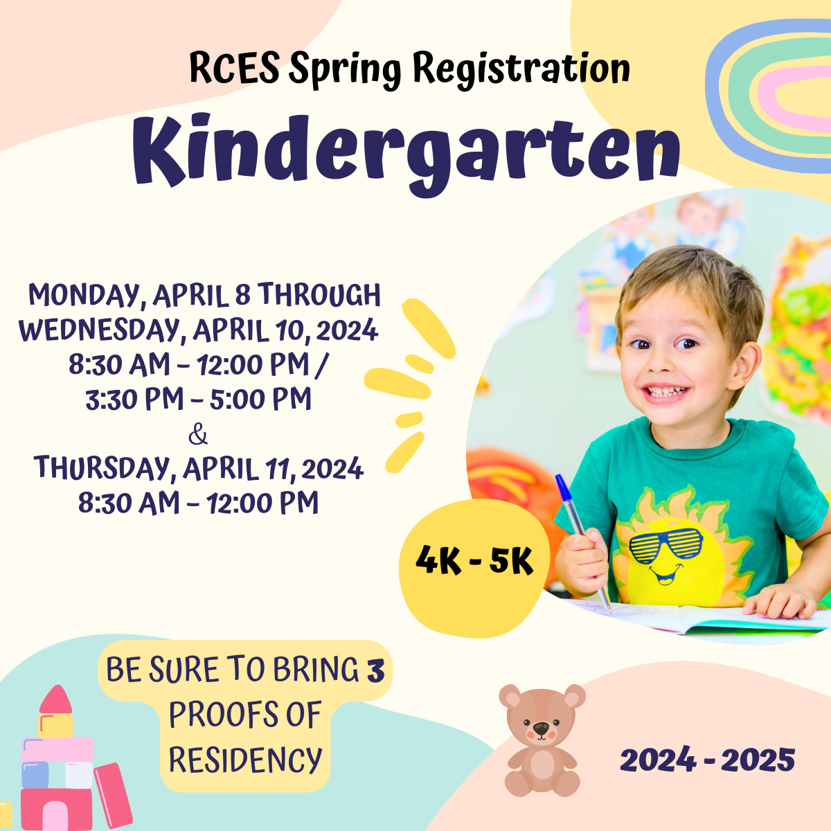 RCES Kindergarten Registration April 8 - 11, 2024