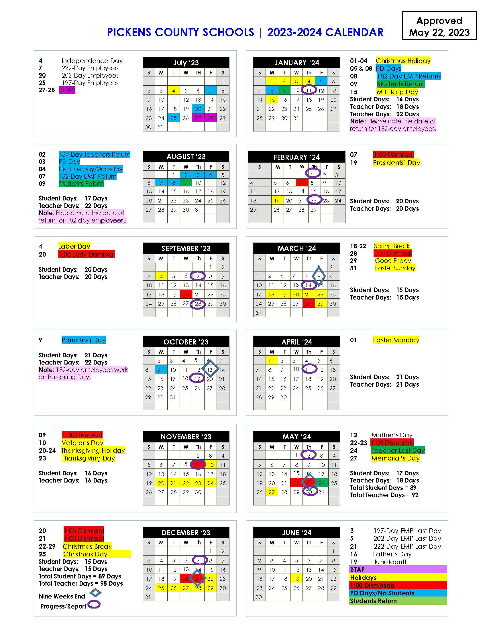Pickens County Schools Calendar 2023-2024 APPROVED 5.22.2023 Version 1