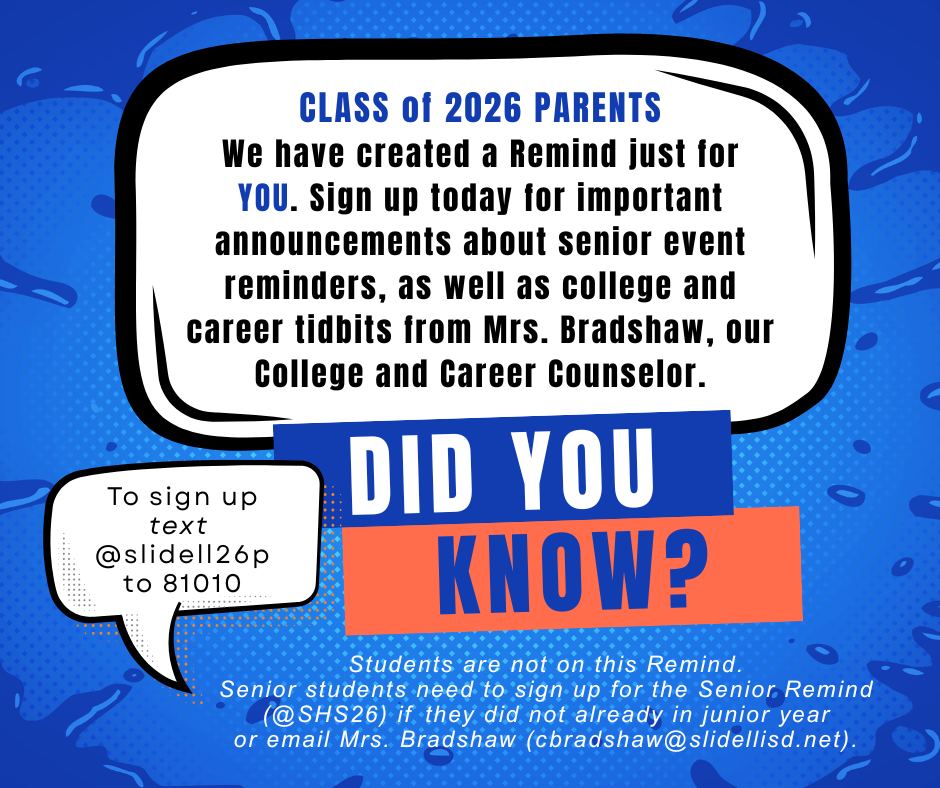 💥Class of 2026 Parents💥  Sign up for the Class of 2026 Parent Remind today! Don't miss out on important announcements about senior events and information from Mrs. Bradshaw.