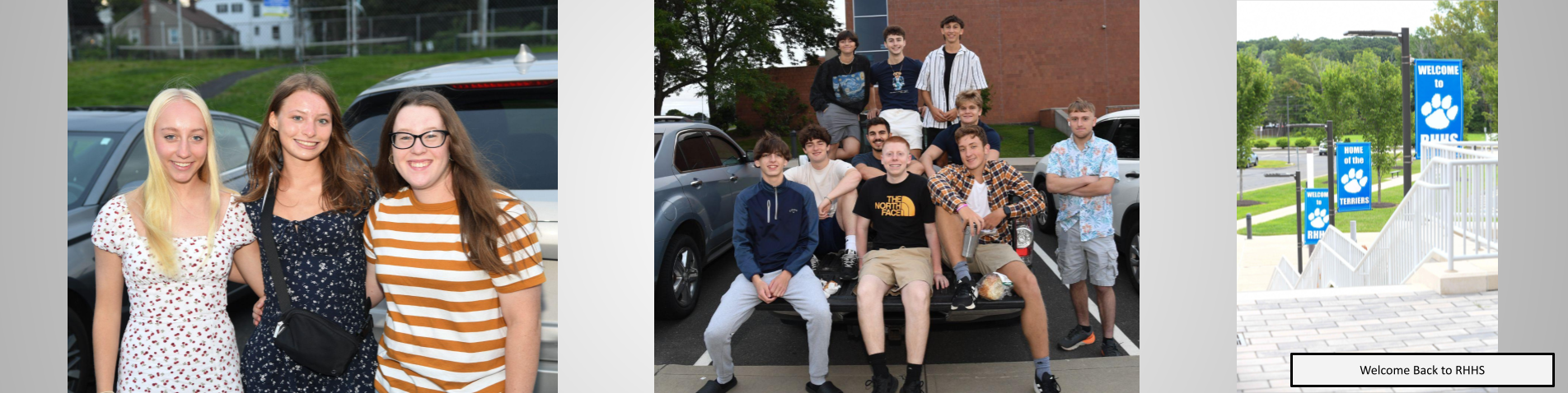 Students posing for welcome back to school photos, and a picture of the stairs outside of the school