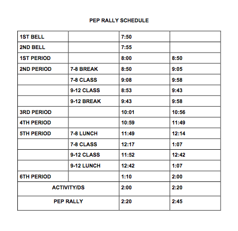 PEP RALLY SCHEDULE