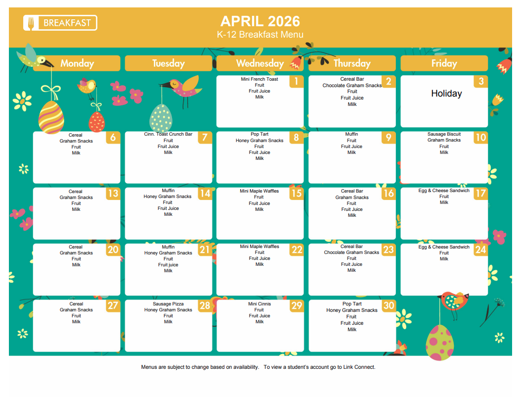 April Breakfast Menu