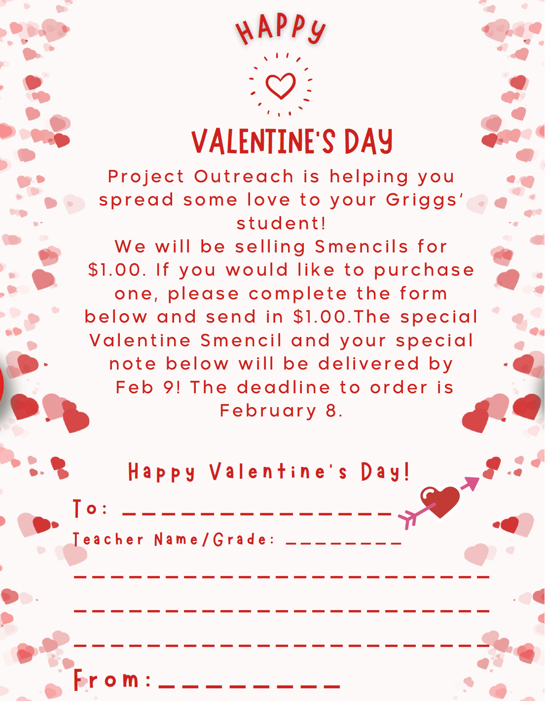 Project OutReach Valentine Smencil Fundraiser flyer in English