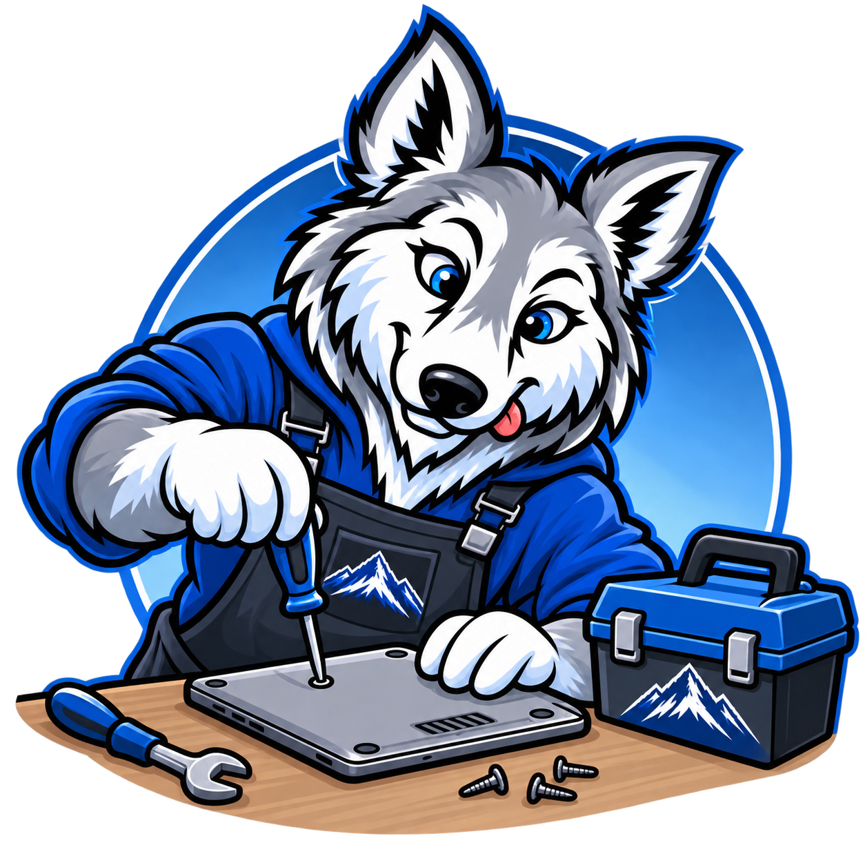 Cartoon wolf fixing a computer