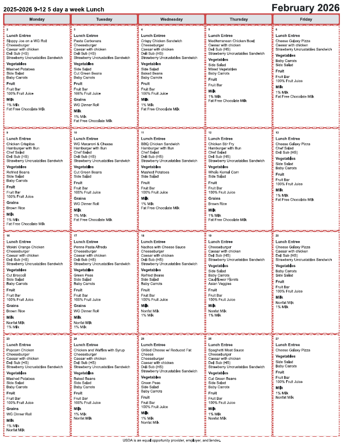 Feb lunch menu