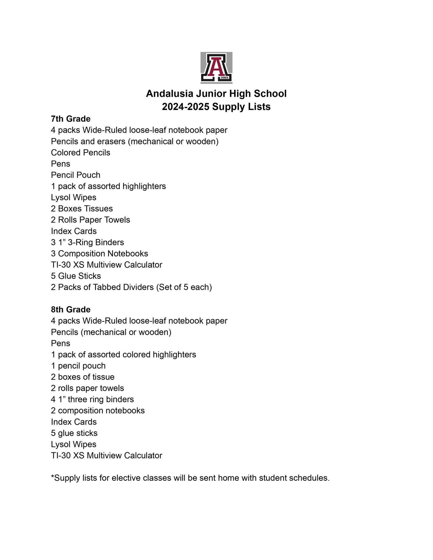 AJHS Supply List for the 2024-2025 School Year