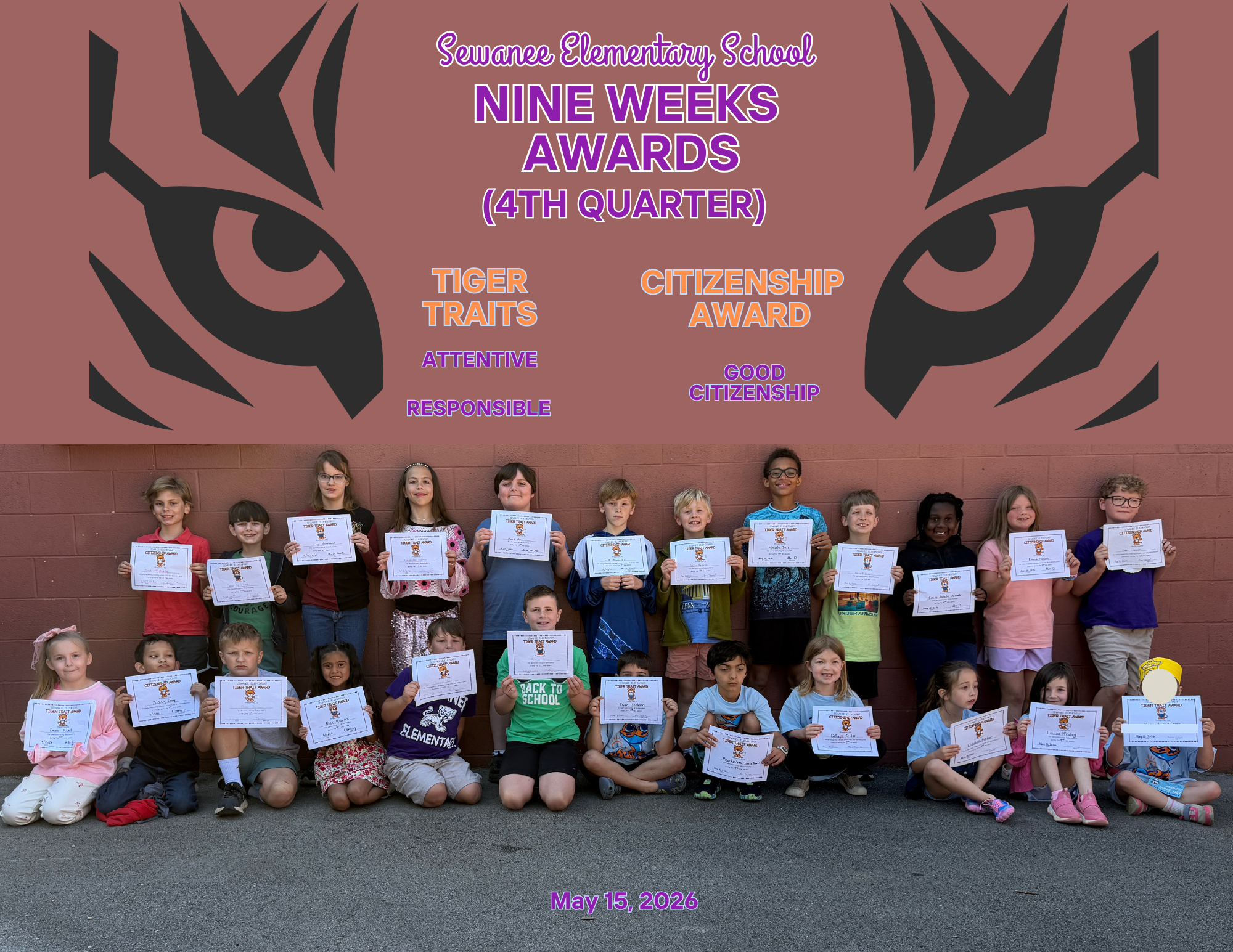Tiger Traits & Citizenship for 4th Nine Weeks for Kindergarten through 5th Grades at Sewanee Elementary School