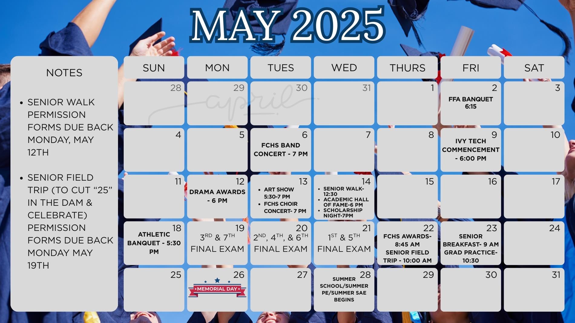 May calendar with important student dates May calendar with important student dates