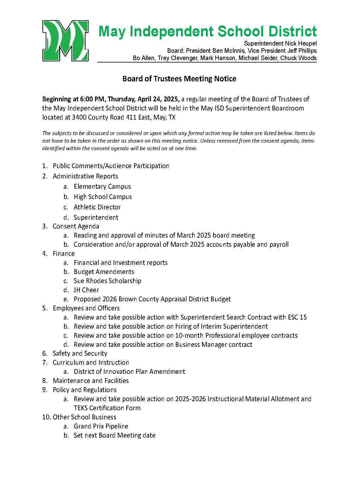 School Meeting Announcement & Agenda