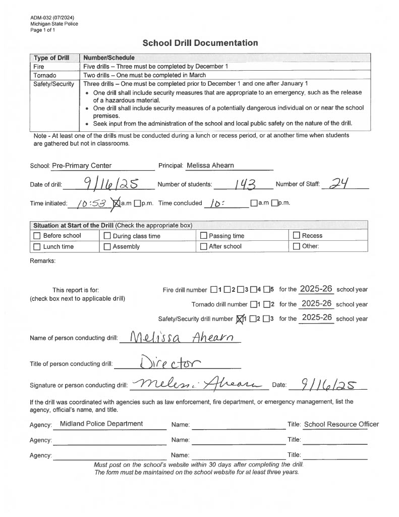 Form for Carpenter Pre-Primary first safety drill of 2025-2026