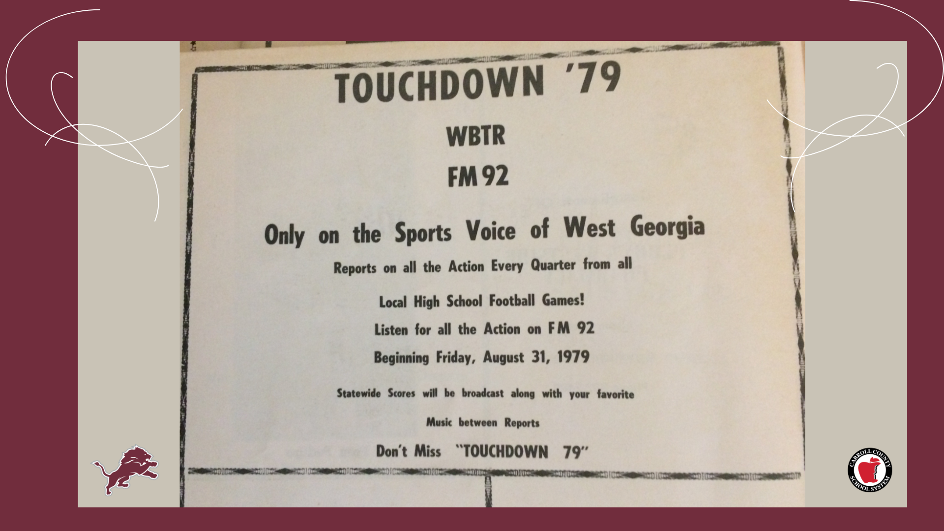 An old advertisement for the radio announcing of the Touchdown 1979 football show