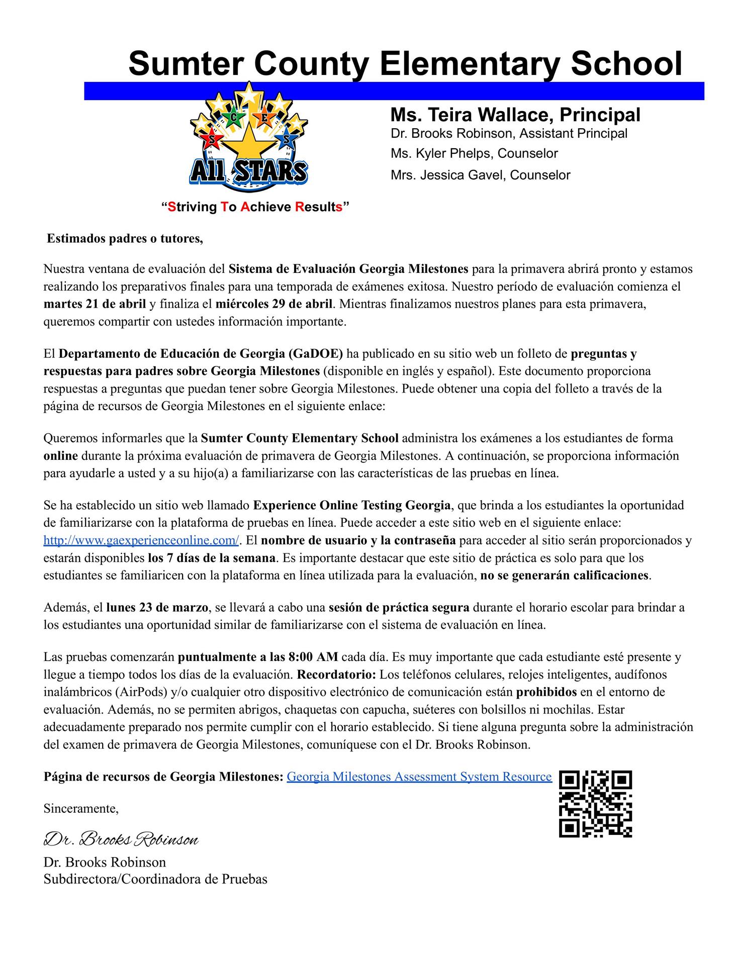 Georgia Milestones Testing Letter to Parents