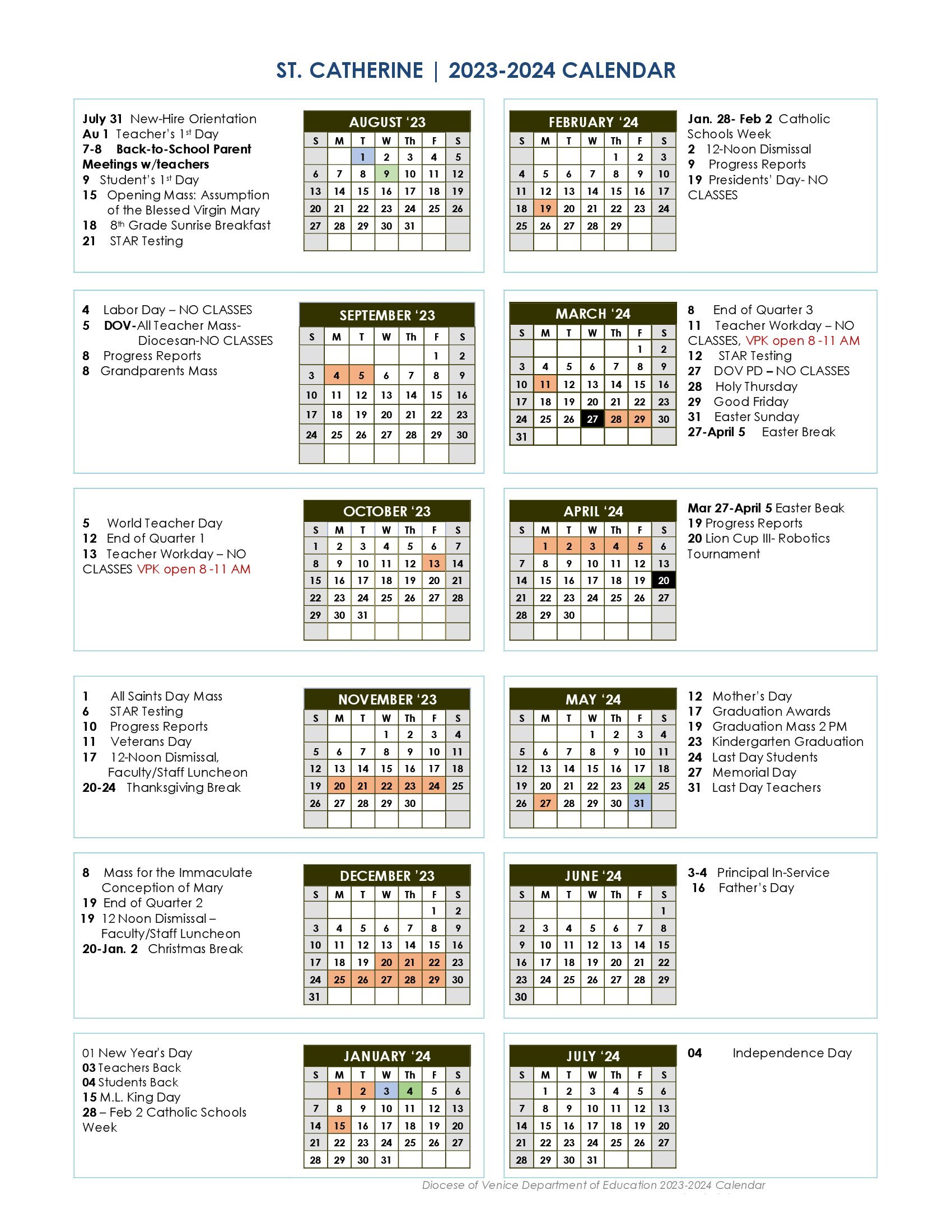 Academic Calendar - St. Catherine Catholic School Academic Calendar - St. Catherine Catholic School