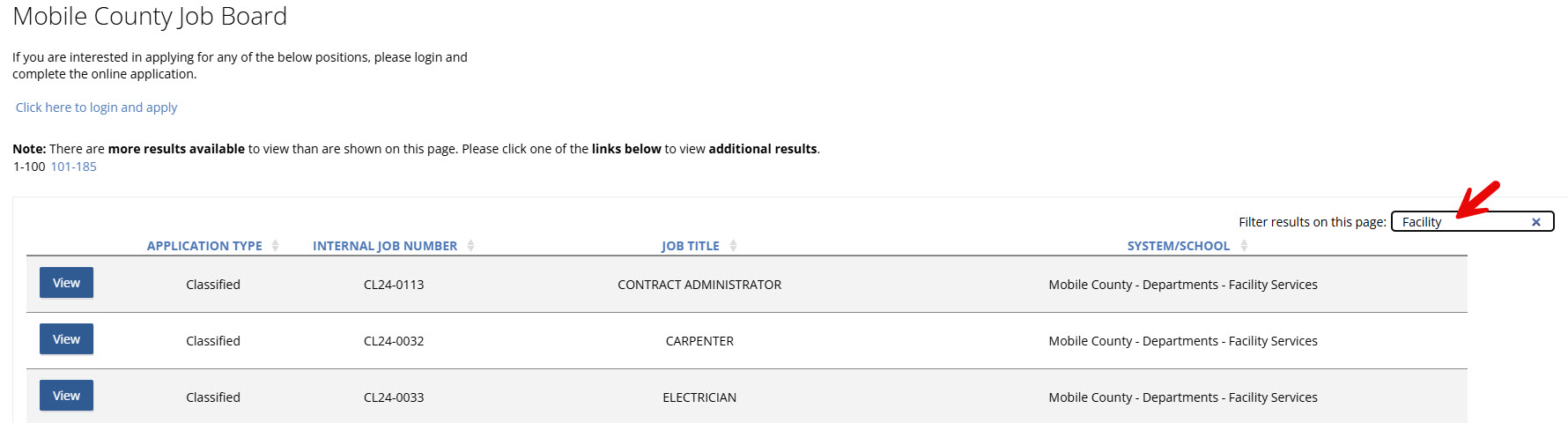 Facilities MCPSS Job Board Postings Screenshot