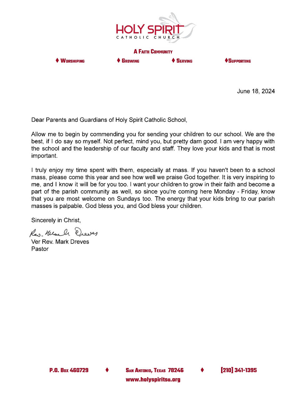 Father Mark Dreves Letter