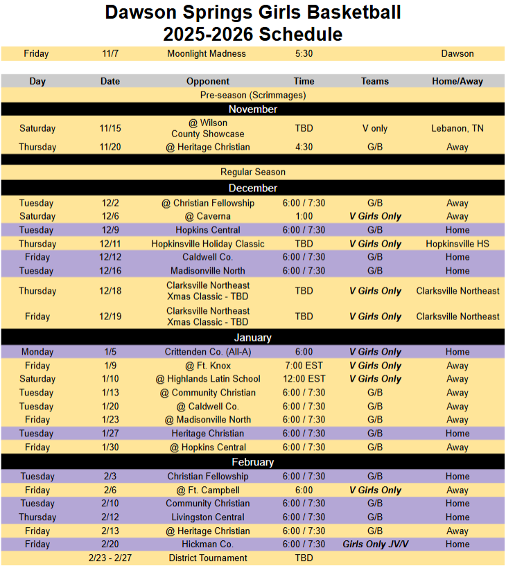 2025-2026 High School Girl's Basketball Schedule 2025-2026 High School Girl's Basketball Schedule