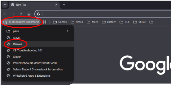 Canvas link in the ALMS Student Bookmarks folder in Google Chrome