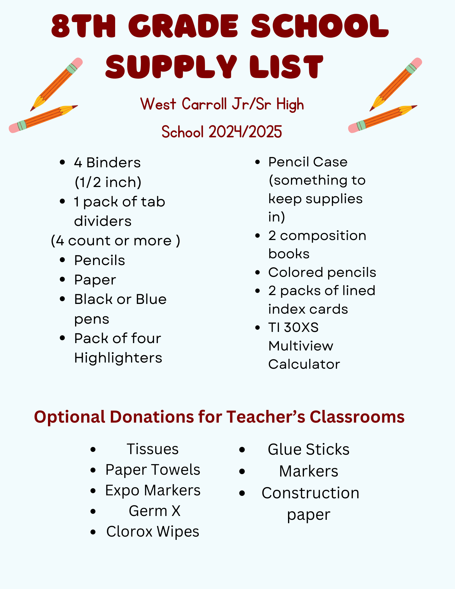 Please review the corrected supply list for 8th grade students at West Carroll Junior High School.