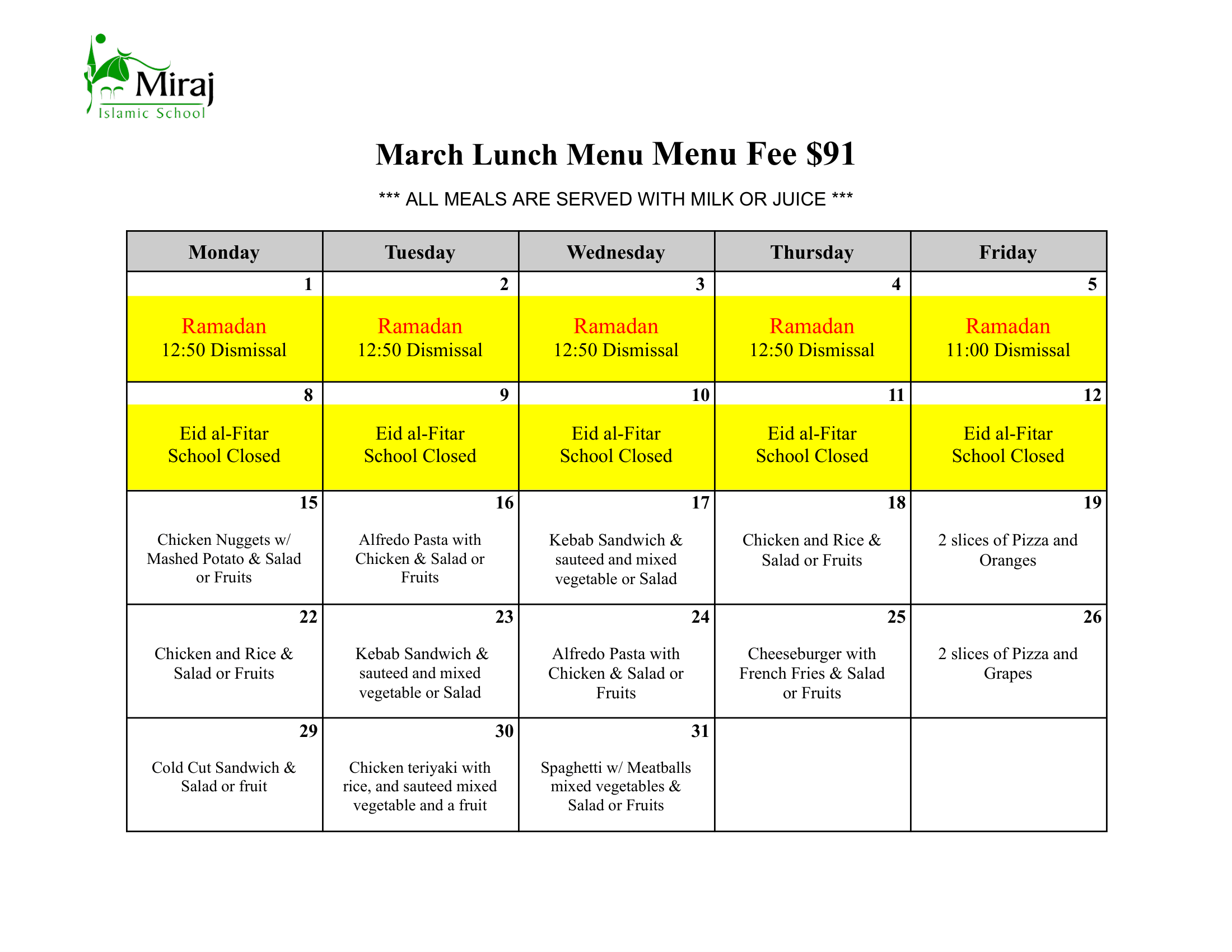 March Lunch Menu