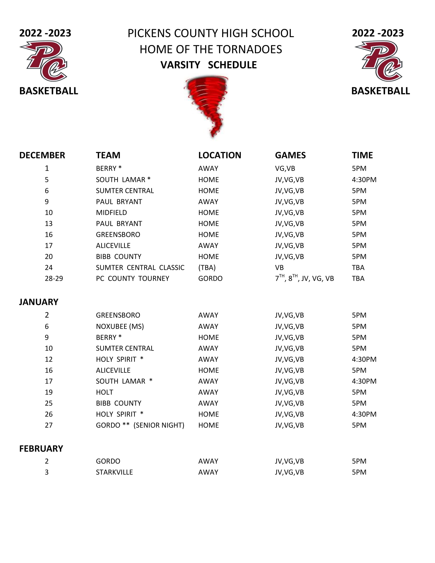 2022-2023 Varsity Basketball Schedule