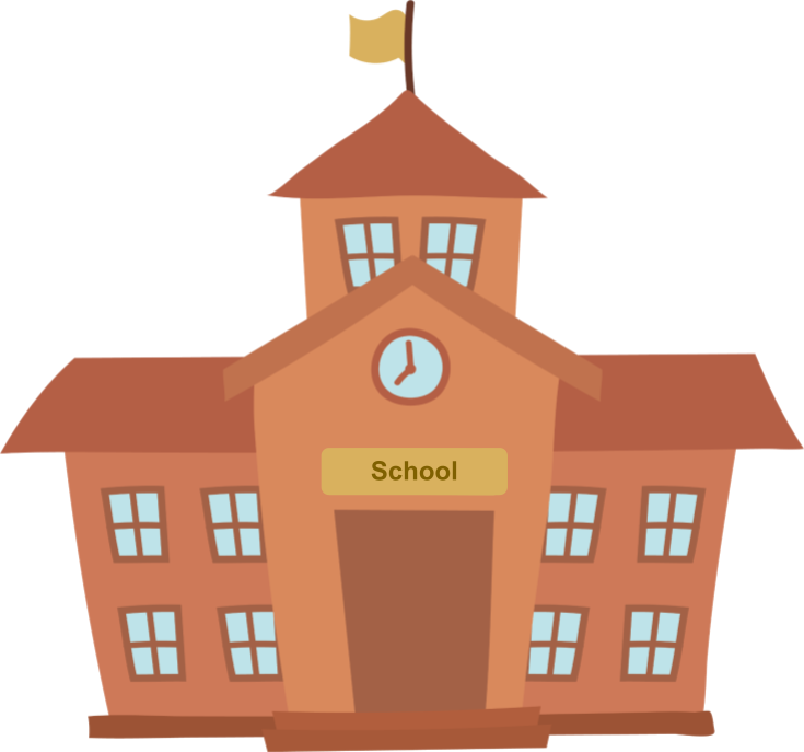 school building cartoon with flag and clock