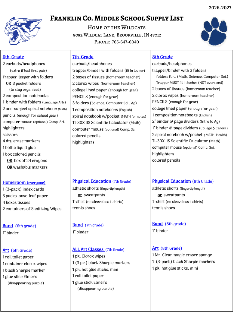 School Supply List 26-27 Picture