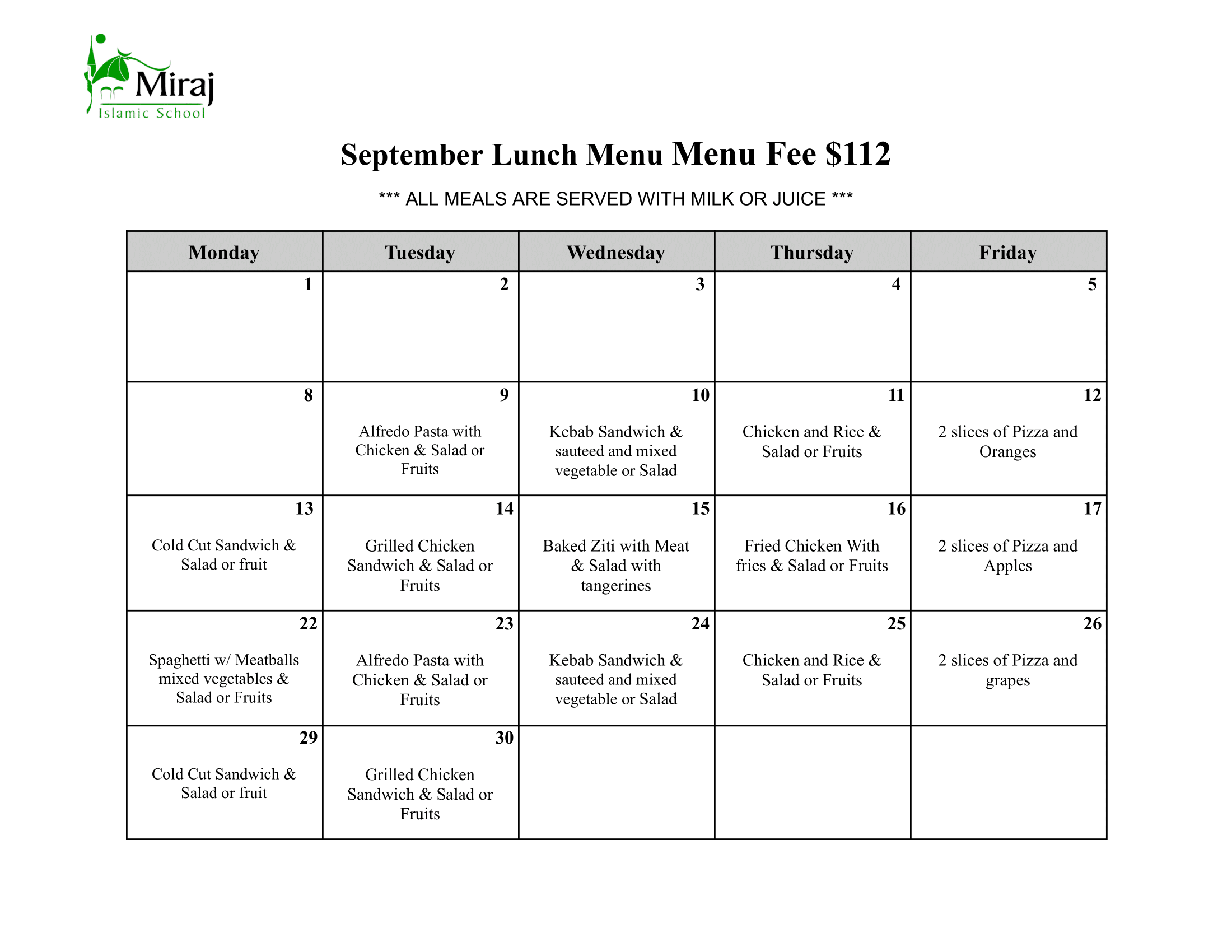 September Lunch Menu
