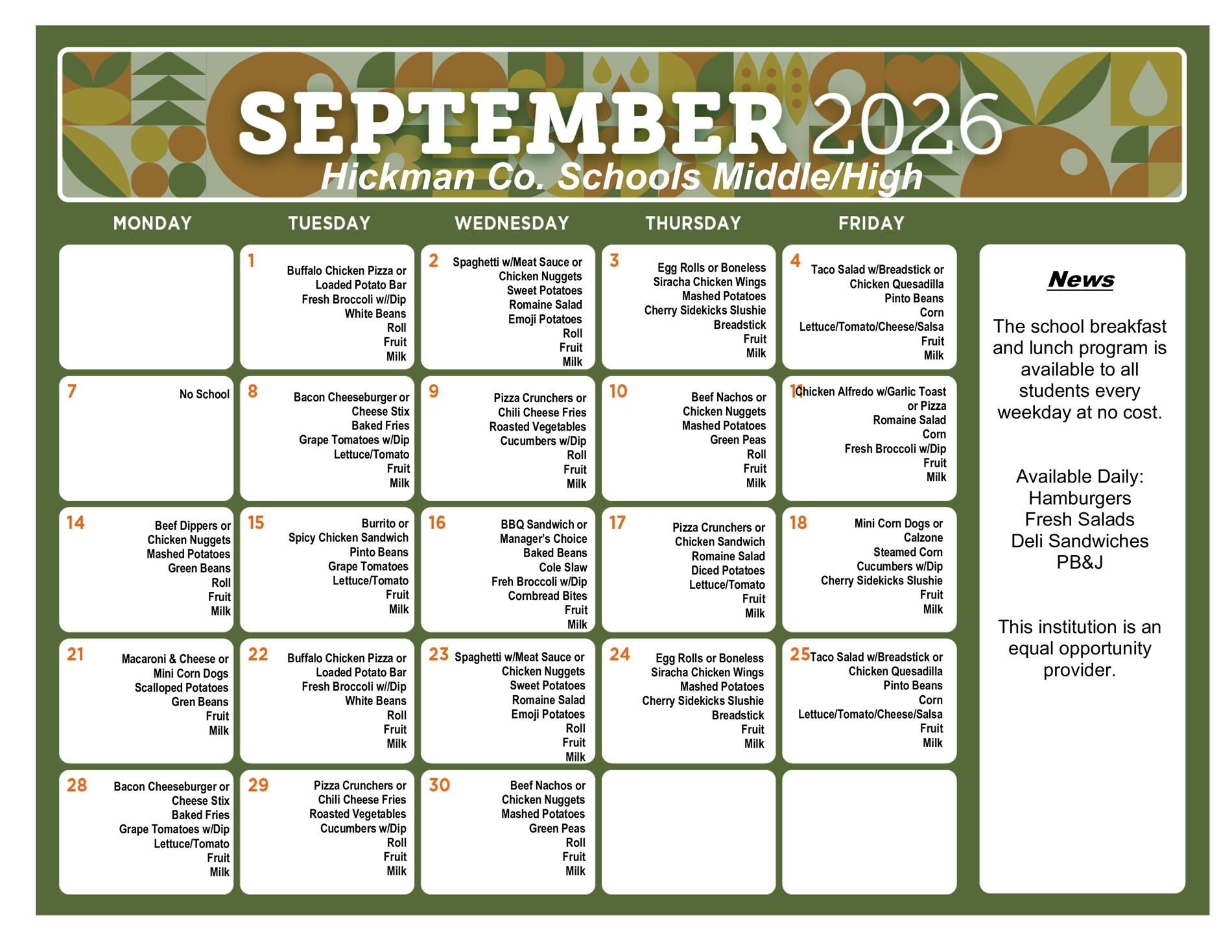 Menu for High School and Middle School for September