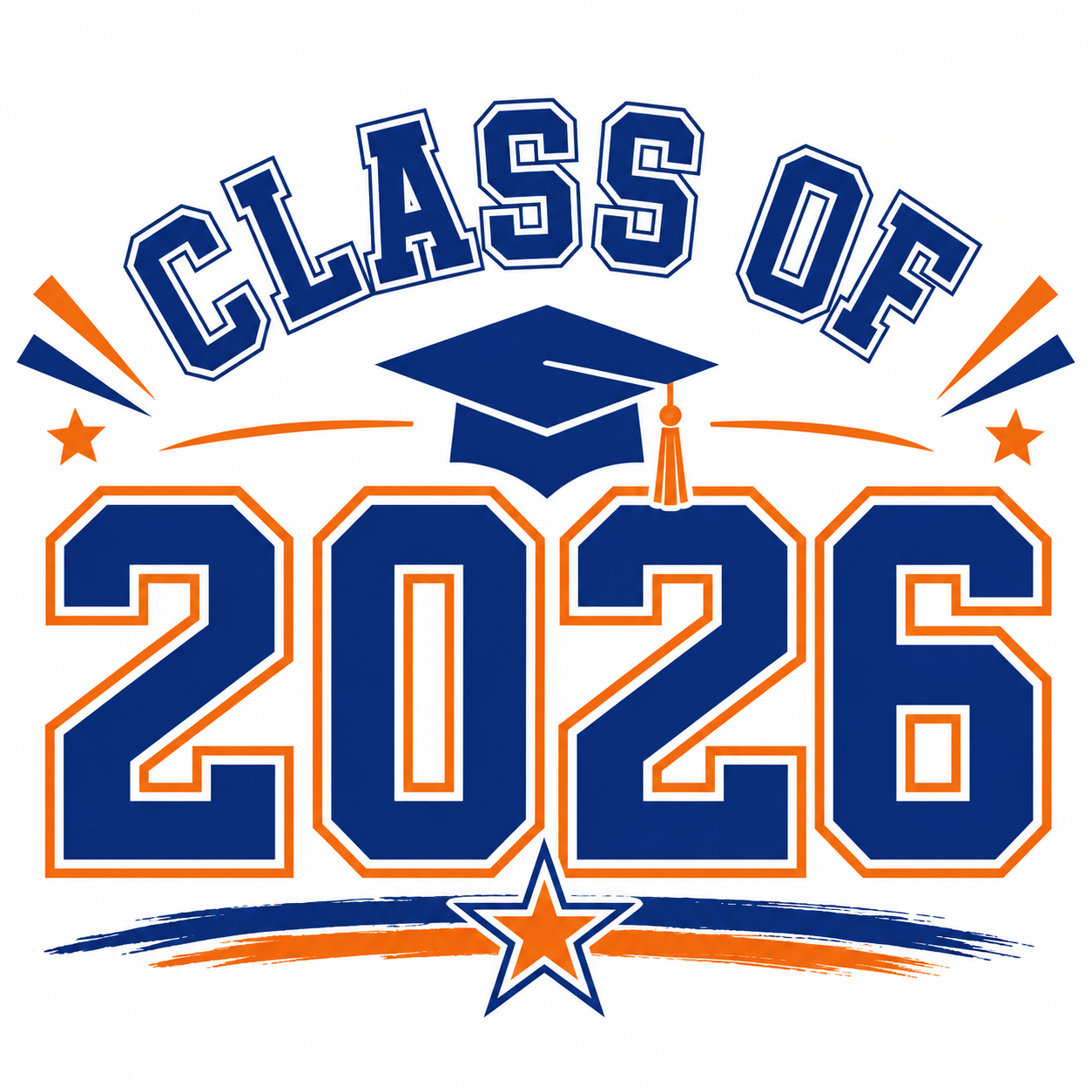 Class of 2026 with a centered graduation cap outlined by stars 