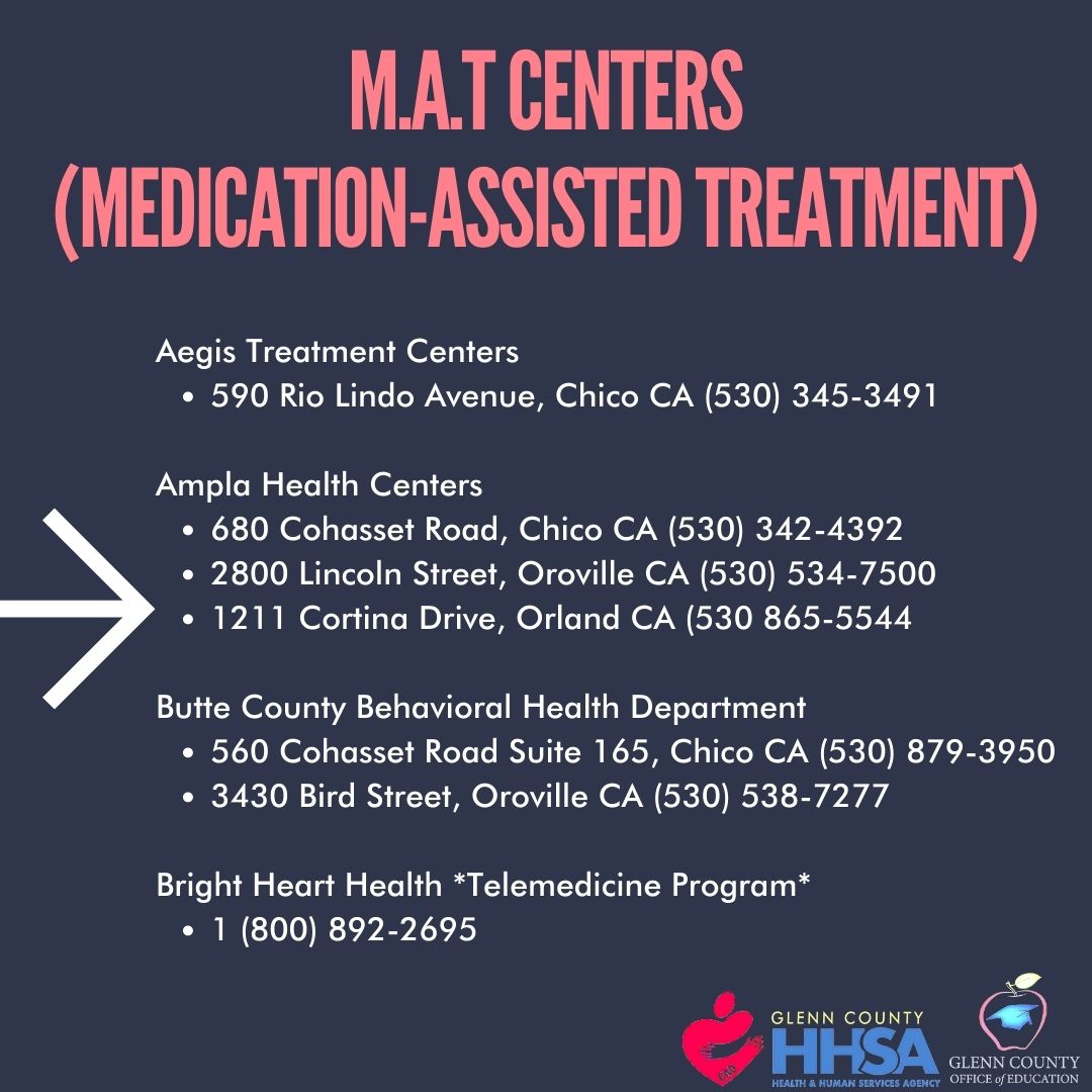 Medication-Assisted Treatment Centers Listing Page 1 Aegis Treatment Centers 590 Rio Lindo Avenue, Chico CA (530) 345-3491 - Ampla Health Centers First Location 680 Cohasset Road, Chico CA (530) 342-4392 Second Location 2800 Lincoln Street, Oroville CA (530) 534-7500 Third Location 1211 Cortina Drive, Orland CA (530) 865-5544 – Butte County Behavioral Health Department First Location 560 Cohasset Road Suite 165, Chico CA (530) 879-3950 Second Location 3430 Bird Street, Oroville CA (530) 538-7277 – Bright Heart Health Telemedicine Program 1 (800) 892-2695