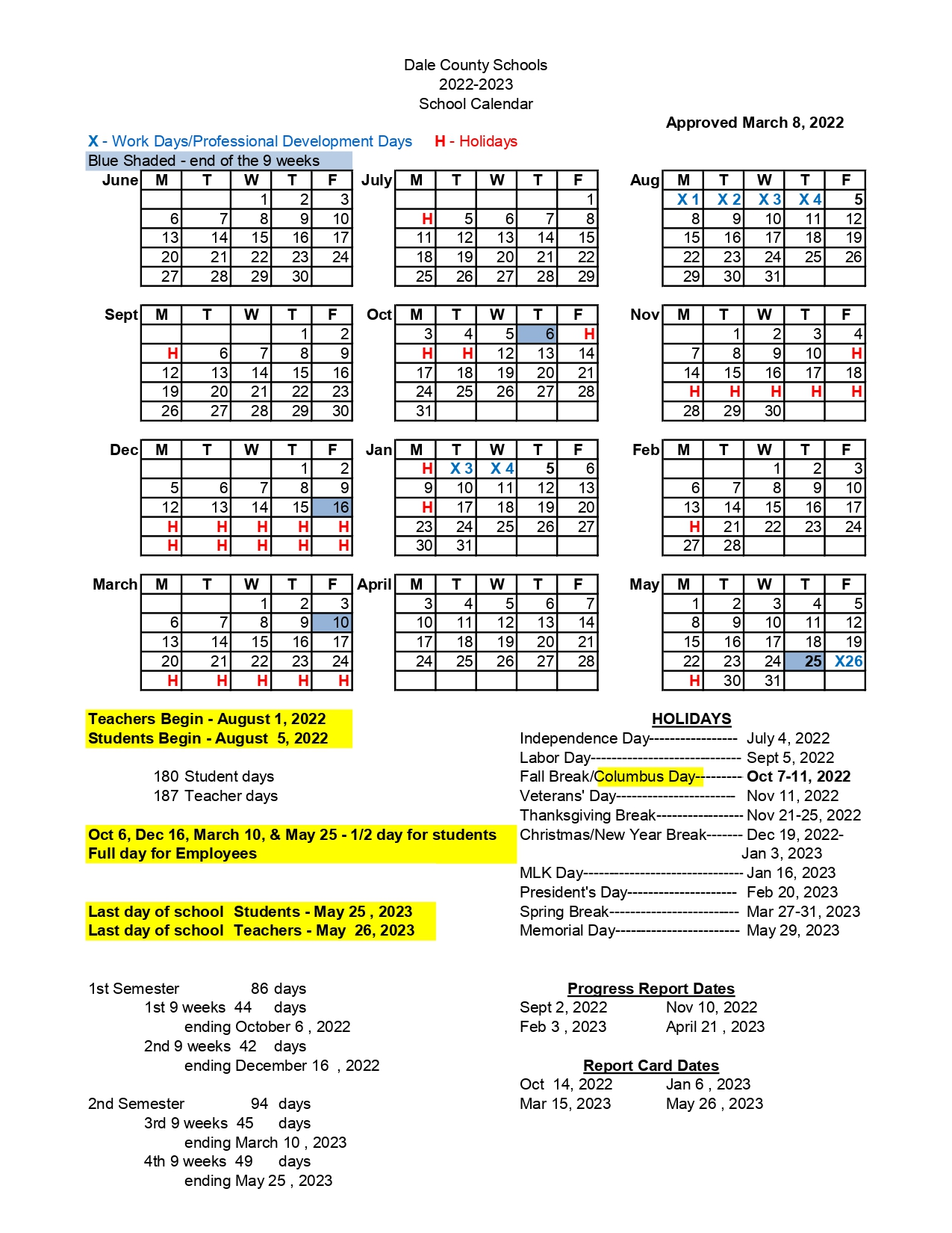 2022 - 2023 Calendar