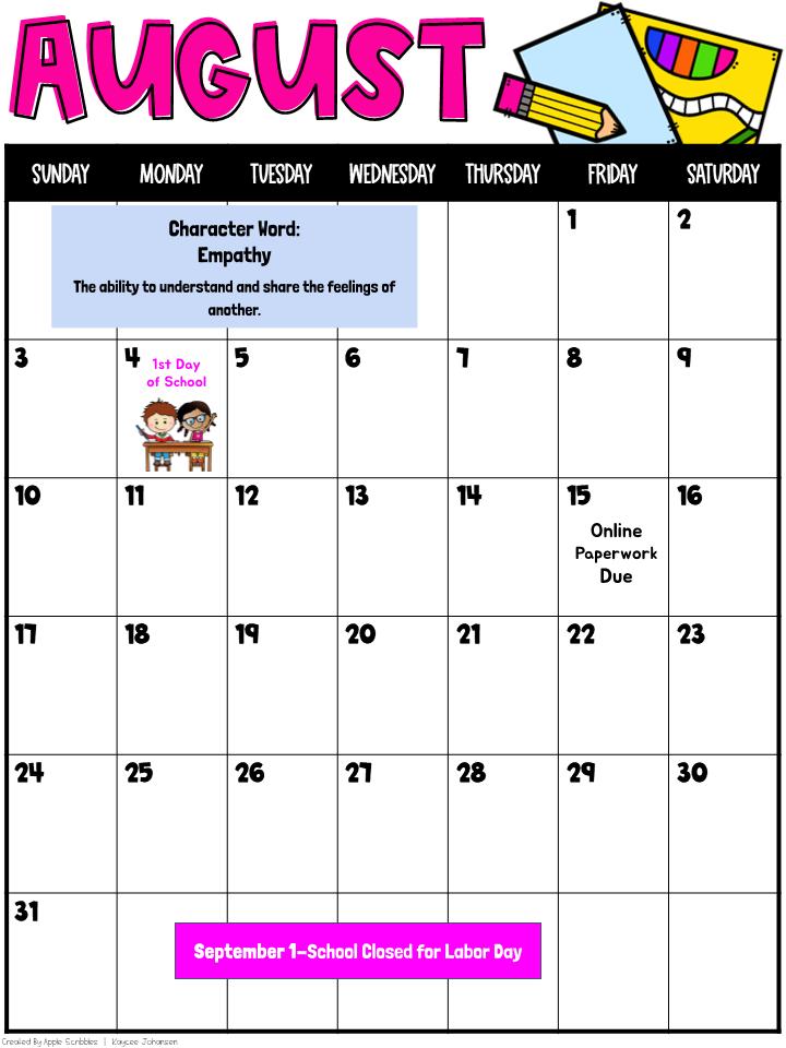 AUGUST 2025 SCHOOL CALENDAR (ENGLISH)
