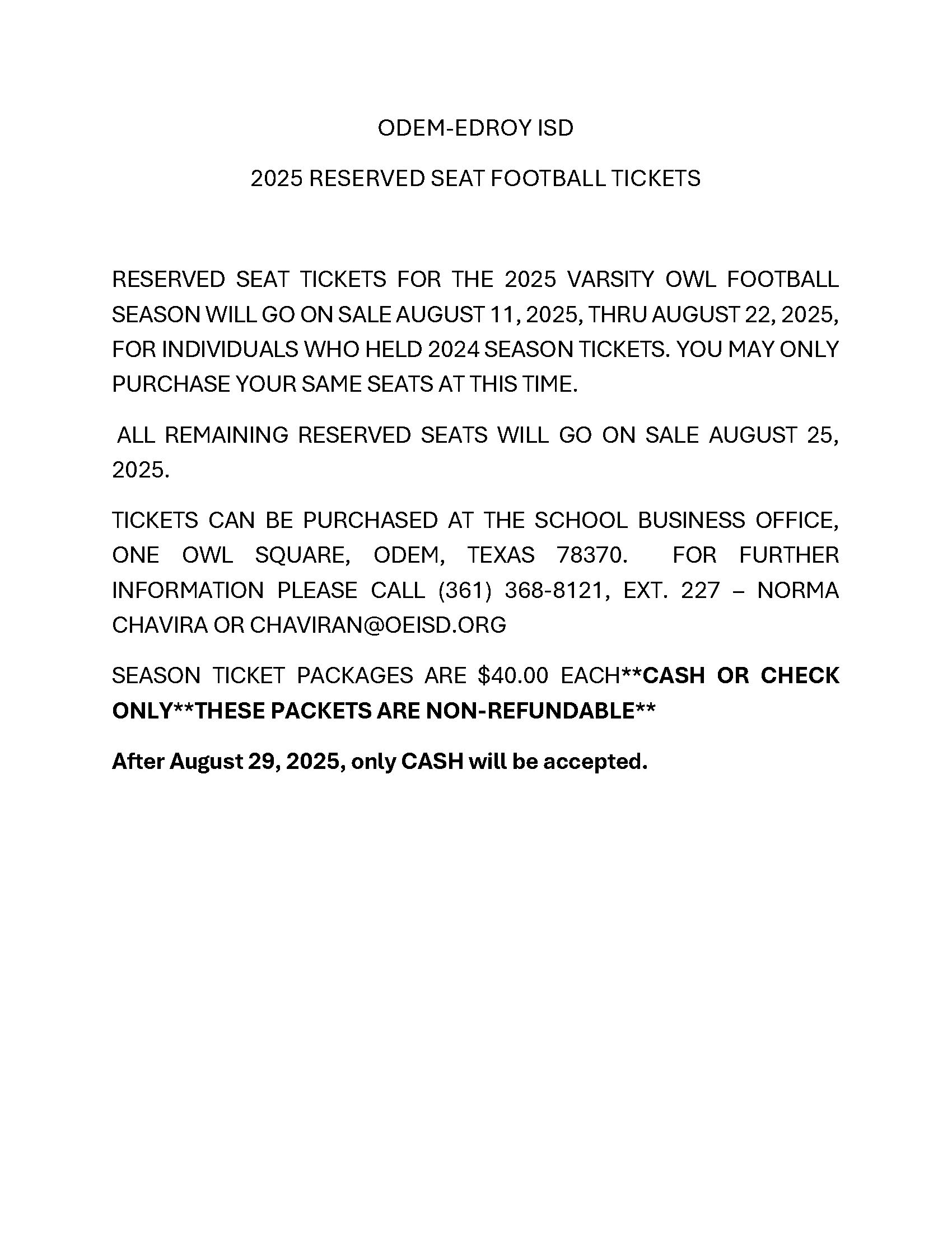 Reserved Seat Football Tickets-Going on Sale Flyer