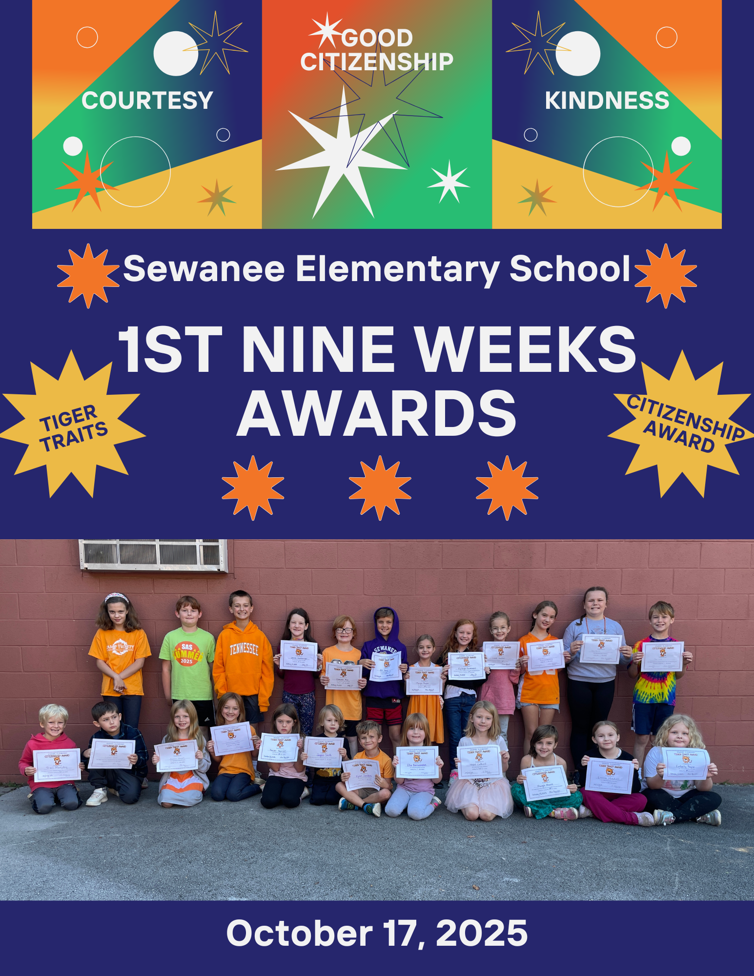 Sewanee Elementary School's First Nine Weeks Awards for Citizenship and Tiger Traits for Students in Kindergarten through Fifth Grade
