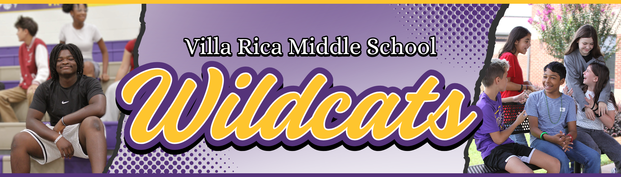 Villa Rica Wildcats. Photo on left of student in the bleachers. Photo on right is a group of students.