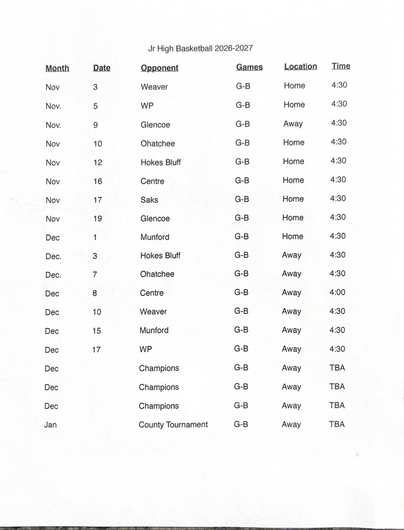 BASKETBALL SCHEDULE