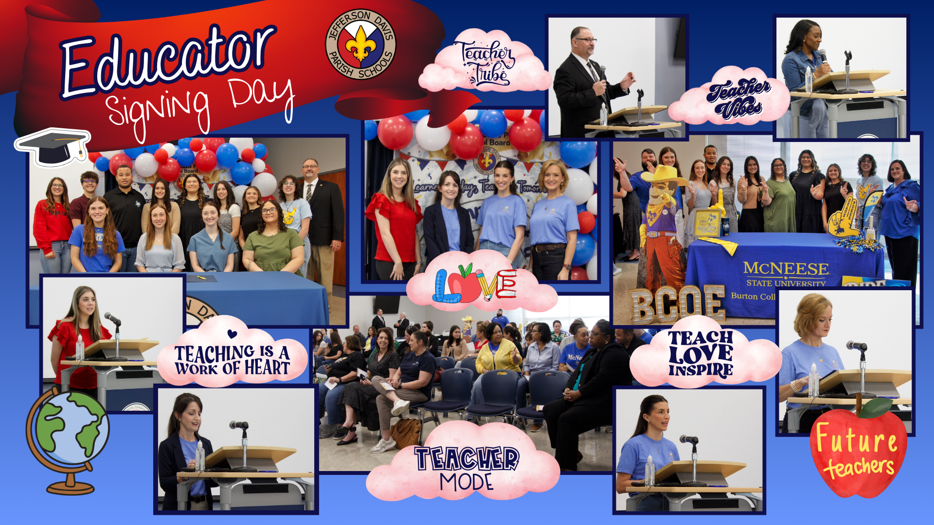 Jefferson Davis Parish Seniors pursing careers in education proudly participate in the district’s Signing Day ceremony.  Area colleges attended the event held at Sowela on February 27, 2026.