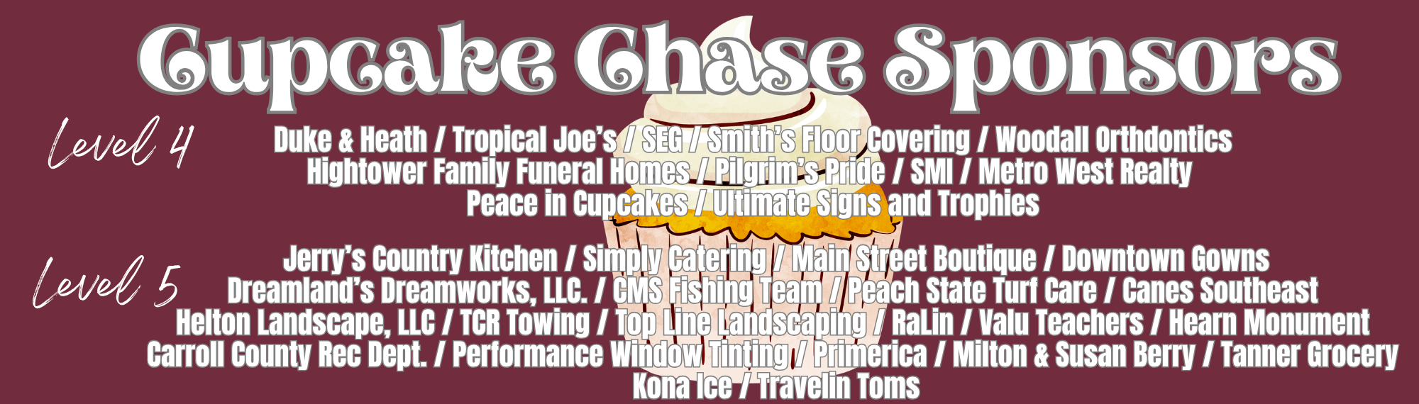 cupcake sponsors level 4 Duke & Heath / Tropical Joe’s / SEG / Smith’s Floor Covering / Woodall Orthdontics Hightower Family Funeral Homes / Pilgrim’s Pride / SMI / Metro West Realty  Peace in Cupcakes / Ultimate Signs and Trophies level 5 Jerry’s Country Kitchen / Simply Catering / Main Street Boutique / Downtown Gowns Dreamland’s Dreamworks, LLC. / CMS Fishing Team / Peach State Turf Care / Canes Southeast  Helton Landscape, LLC / TCR Towing / Top Line Landscaping / RaLin / Valu Teachers / Hearn Monument  Carroll County Rec Dept. / Performance Window Tinting / Primerica / Milton & Susan Berry / Tanner Grocery  Kona Ice / Travelin Toms