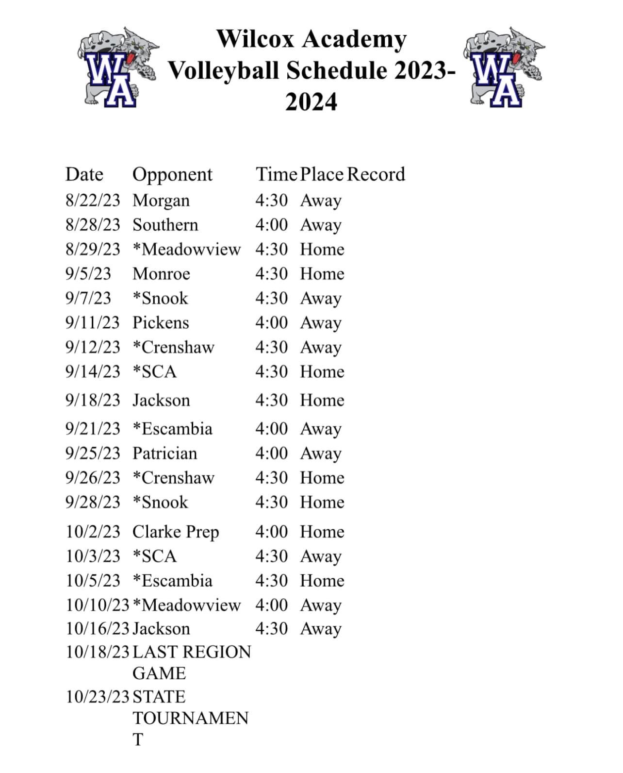 2023 Varsity Volleyball Schedule