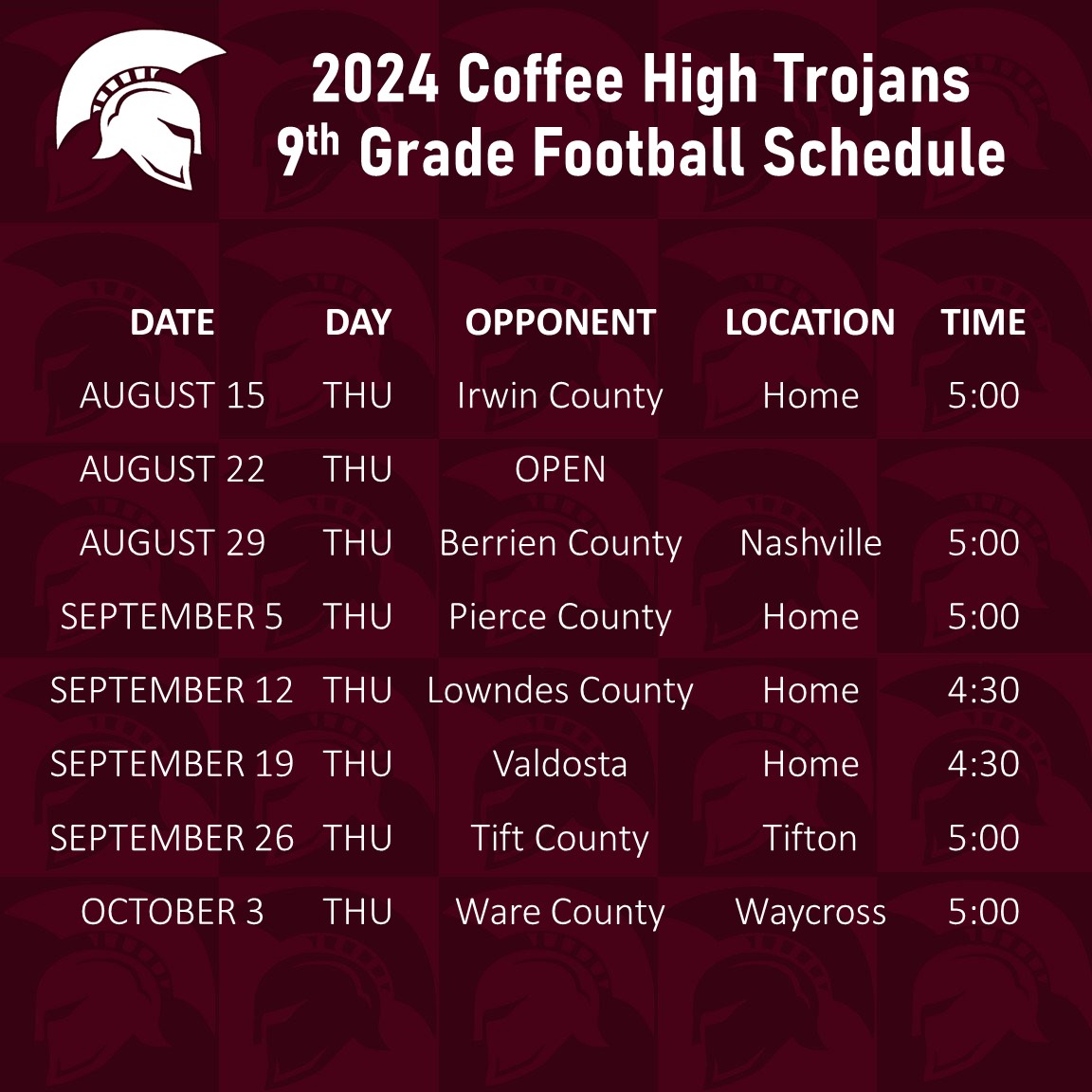 2024 Coffee High Trojans Freshman Football Schedule