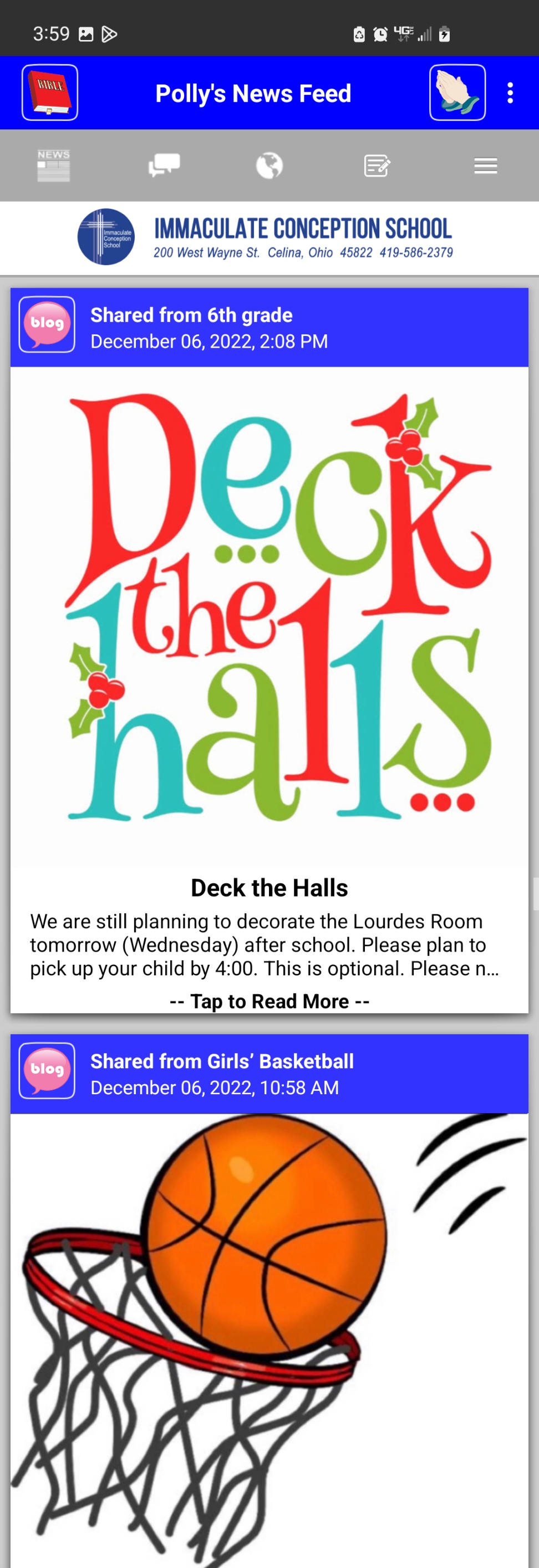 screen shot of app with deck the halls post