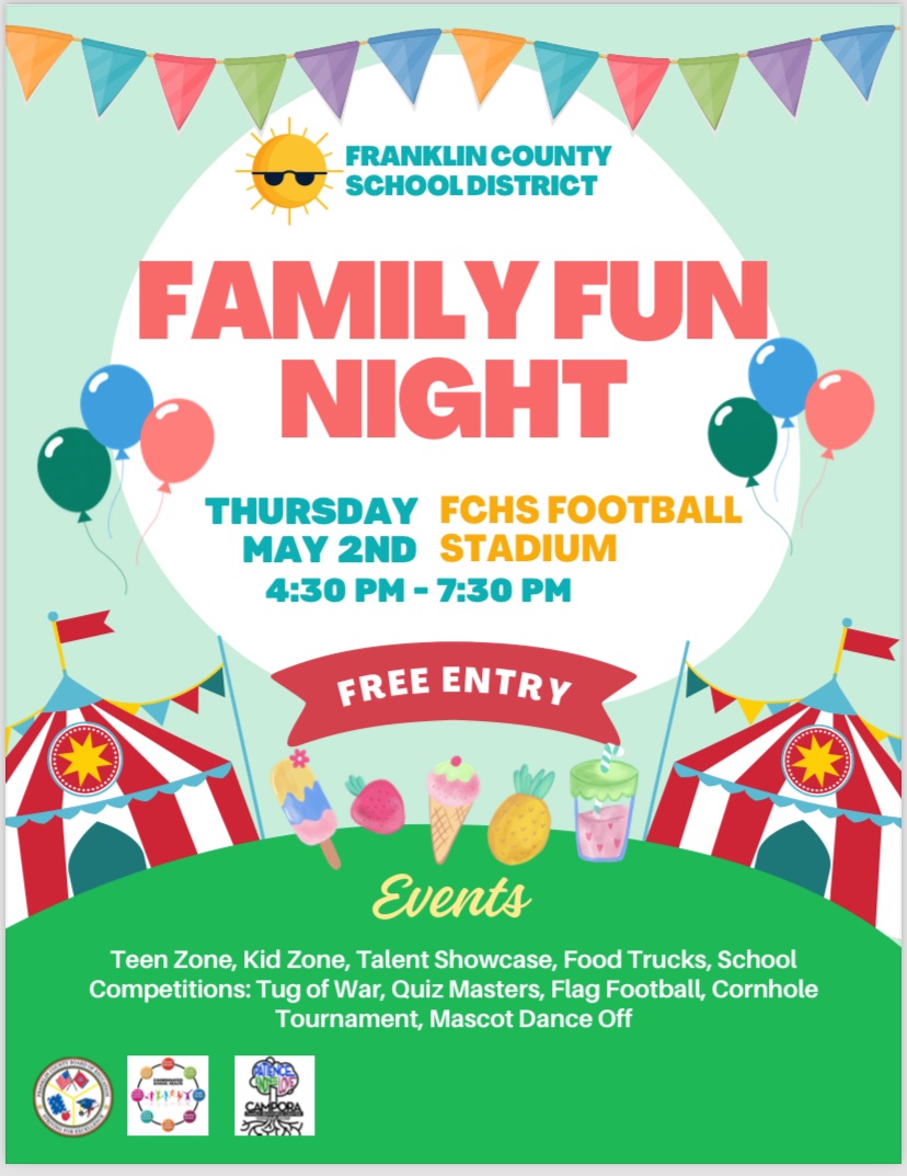Join us for Franklin County School's Coordinated Health Family Fun Night. Thursday, May 2nd from 4:30-7:30 at FCHS. See you there!!