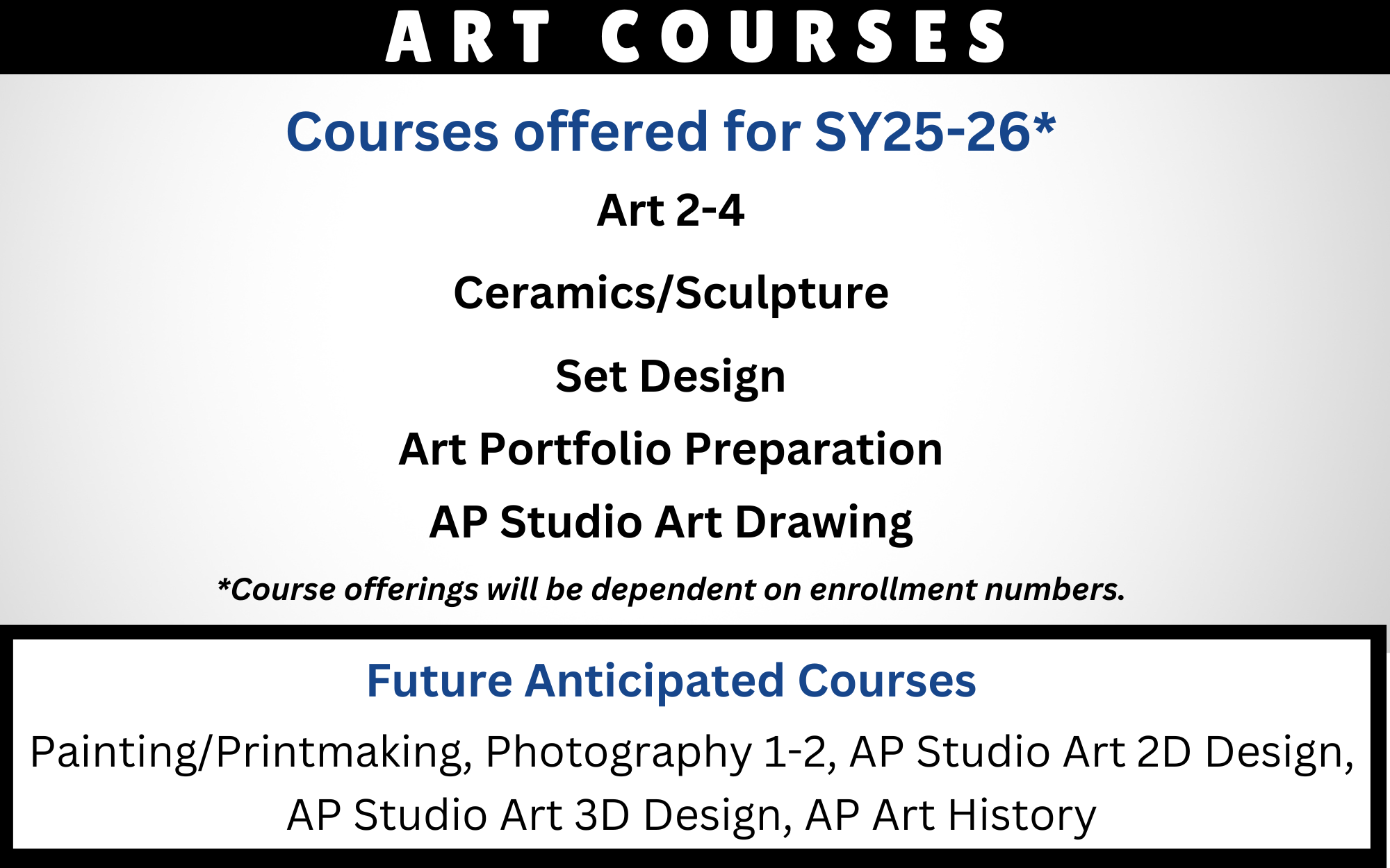 Art Classes: Art 2-4, Ceramics/Sculpture, Set Design, Art Portfolio Preparation, AP Studio Art Drawing