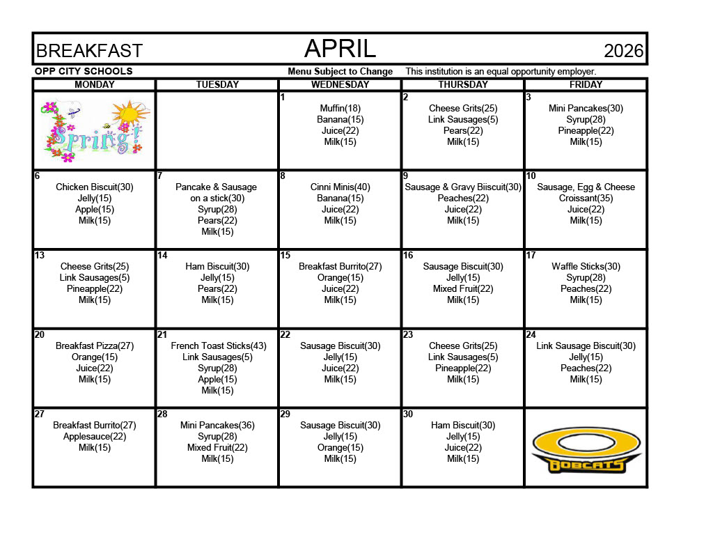 Breakfast Menu April 2026